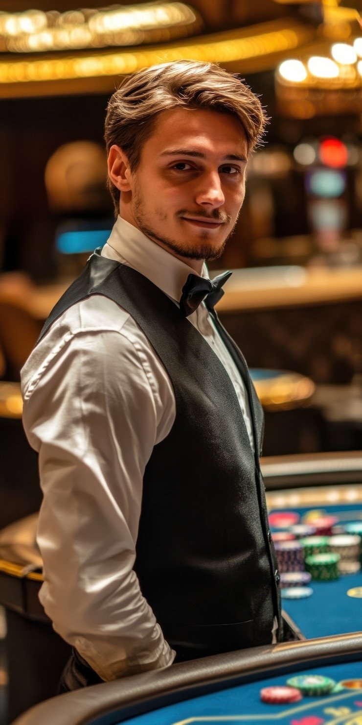 Tata letak meja Caribbean Stud Poker dengan posisi pemain dan dealer
